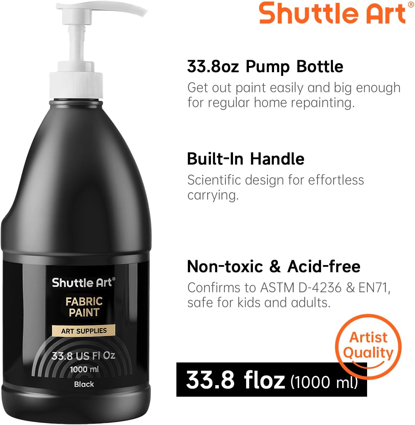 Shuttle Art Black Fabric Paint, 33.8 oz(1000 ml) Large Bottle with Pump, Permanent Fabric Paint for Furniture, Sofa, Cushions, Clothes, Soft Non-Toxic Textile Paint for Color Changing, Renewal & Art Creations