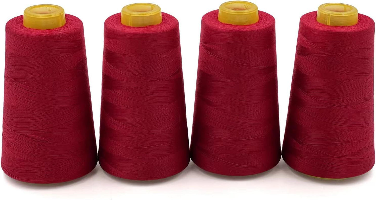 Tortoise 4 Cones of 3000 Yards Each Spool Thread for All Purpose, Serger, Overlock, Quilting, Sewing Machine - 100% Polyester - 40S/2 Wine Red