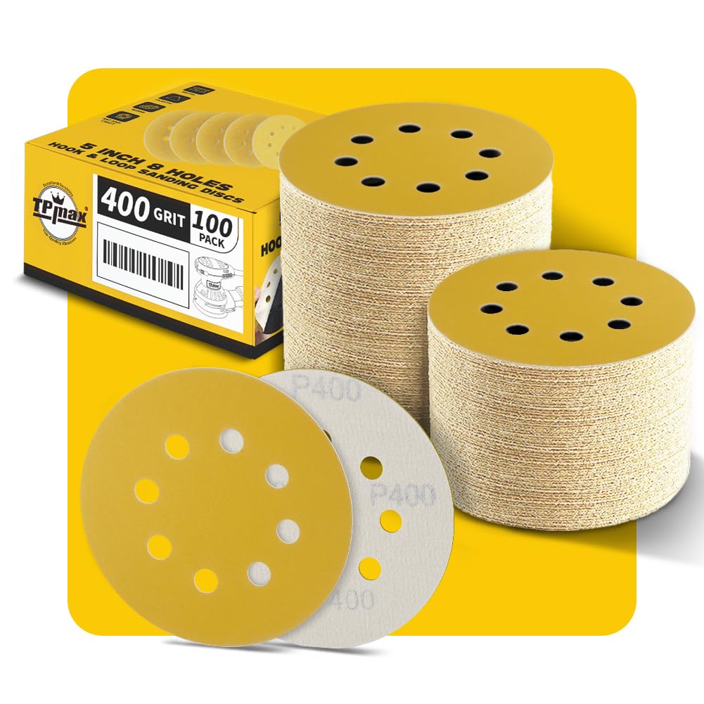 100PCS 5 Inch 400 Grit 125mm 8 Hole Sanding Discs Sandpaper - Premium Gold Round Hook and Loop for Random Orbital Sander - Ideal for Wood, Metal, Automotive