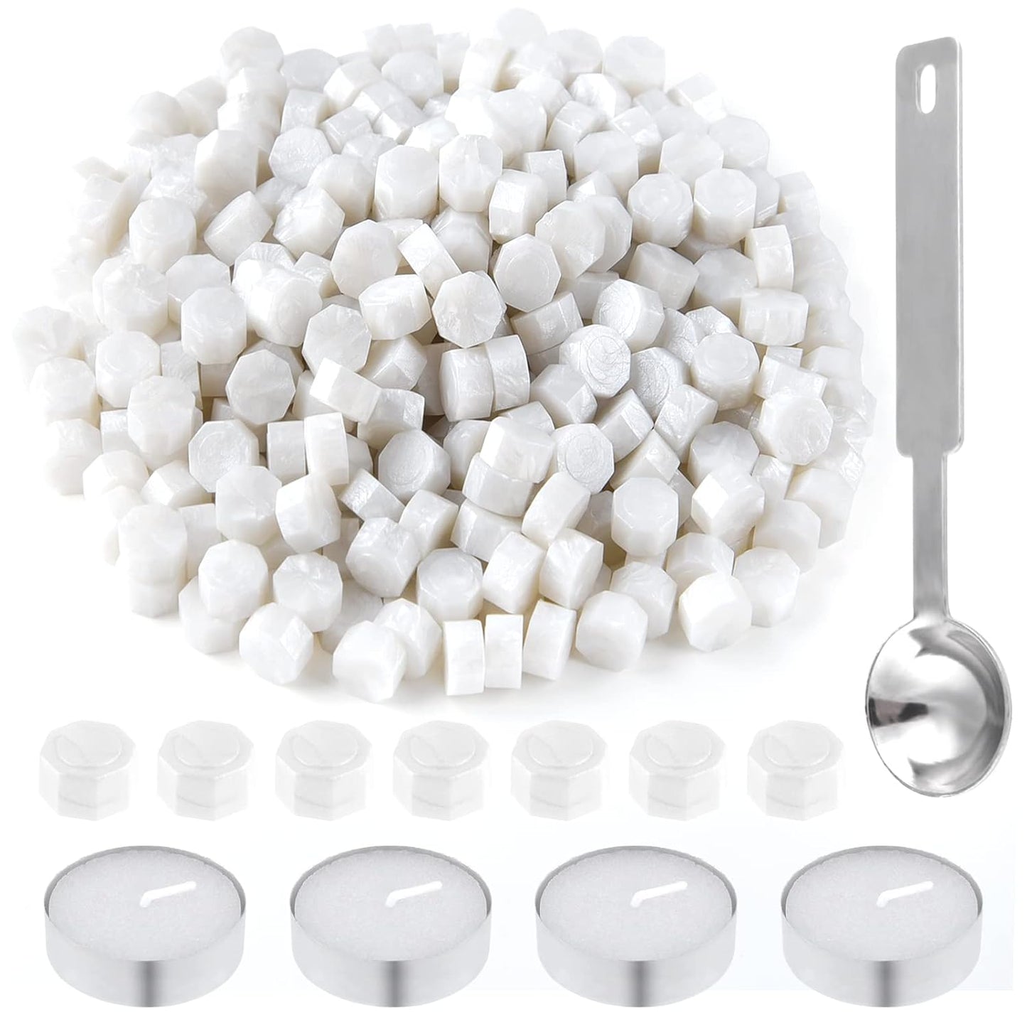 500 Pcs White Wax Seal Beads Set - Octagon Sealing Wax With 4 Tea Candles and 1 Melting Spoon for Crafts, Letters, Wine, Greeting Cards