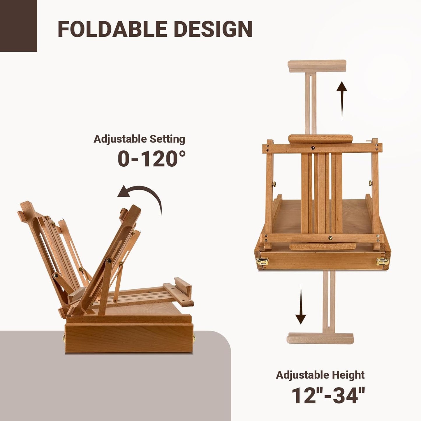 Large Sketchbox Table Top Easel with Dual Dawers- Adjustable Solid Beech Wood Artist Desktop Easel with Storage Holds Canvas up to 34'' High, for Markers, Sketch or Draw
