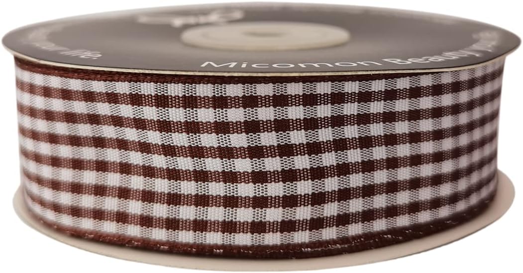 Brown Gingham Plaid Checked Ribbon 25 Yard Each Roll 100% Polyester (1", Brown)