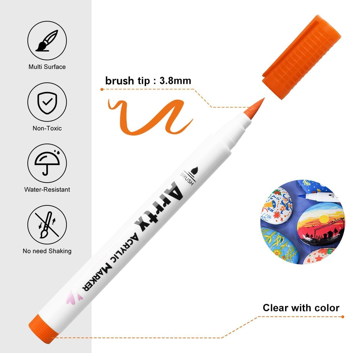 Arrtx Acrylic Paint Pens, 58 Colors for Rock Painting, Extra Brush Tip, Water Based Paint Markers for Stone, Glass, Easter Egg, Wood and Fabric Painting-No Toxic,No Odor-Type 30A+B