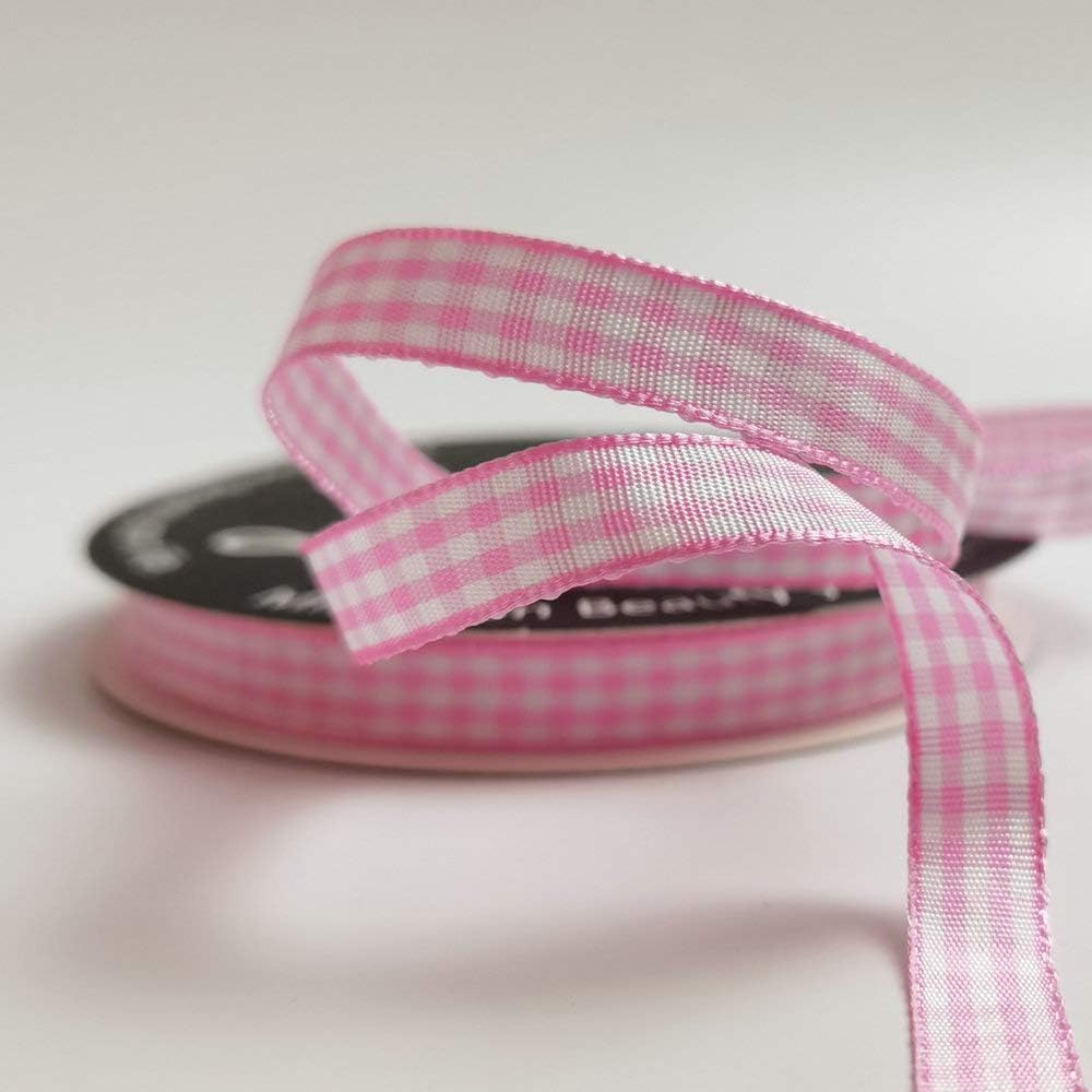 Pink Gingham Plaid Checked Ribbon 25 Yards Each Roll 100% Polyester (3/8",Pink)
