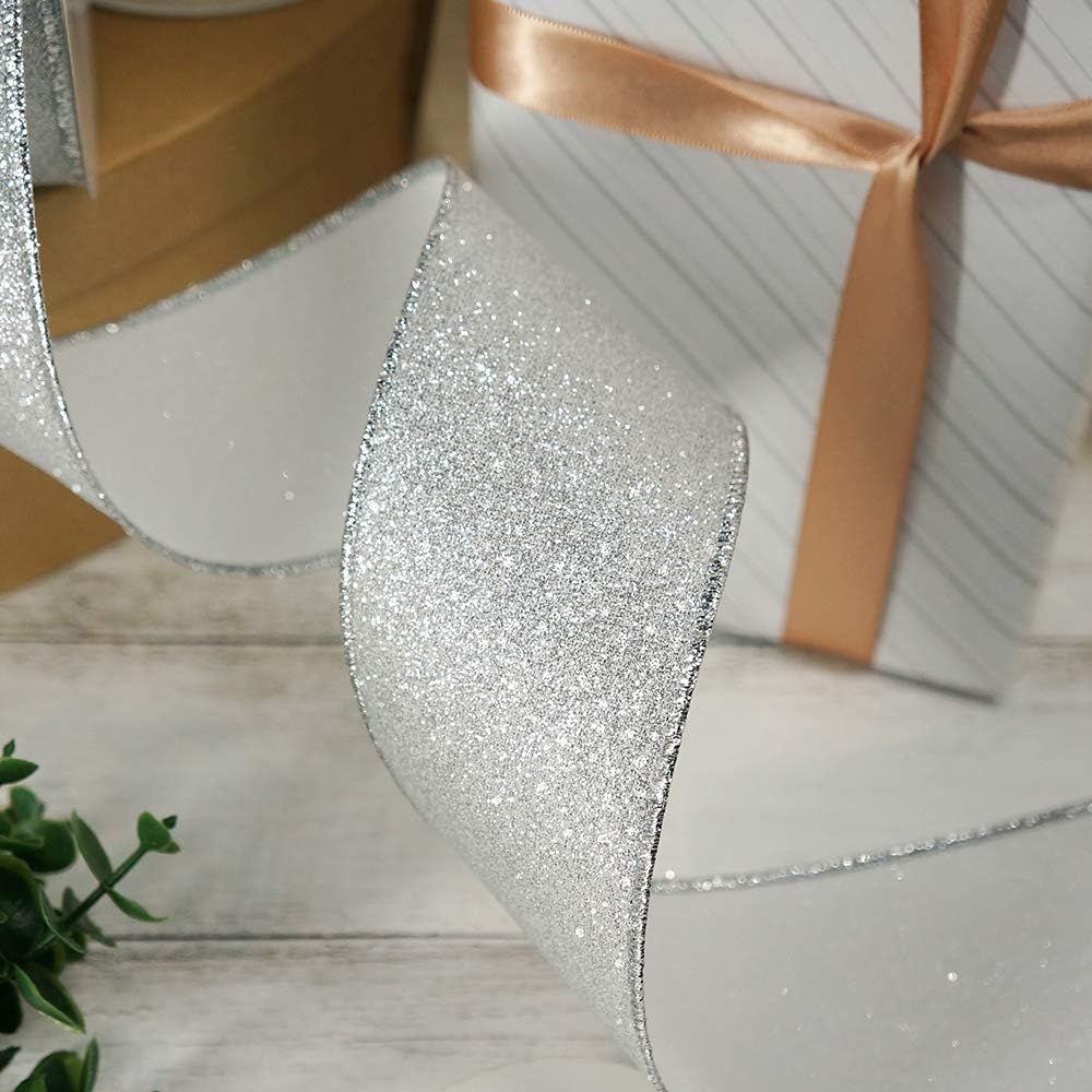 CT CRAFT LLC Glitter Wired Ribbon 2.5" x 10 Yards Silver for Christmas Home Decor Bow Gift Wrapping DIY Crafts Wreath
