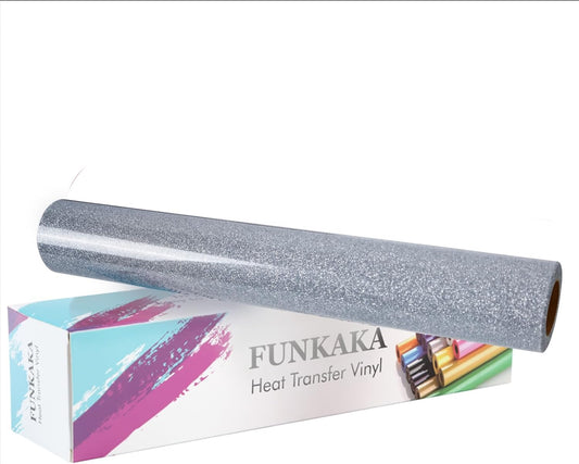 FUNKAKA Glitter Silver HTV Heat Transfer Vinyl Rolls, 12" x 25ft PU Iron on Vinyl for T-Shirt Silver Glitter HTV Vinyl for All Cutter Machines Easy to Cut & Weed for Heat Vinyl Design