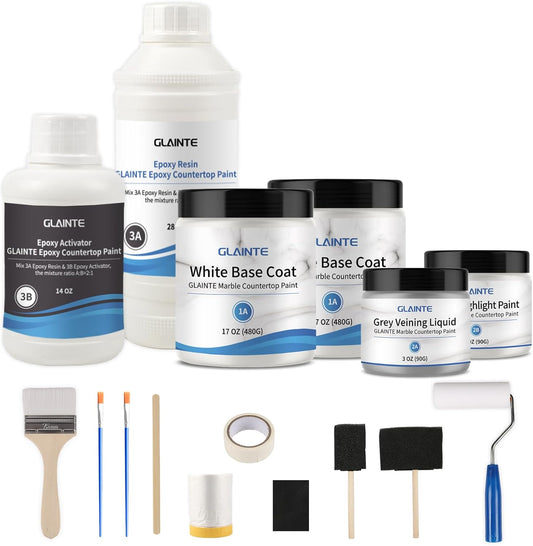 GLAINTE White Marble Countertop Paint Kit - Epoxy Countertop Refinishing Kit for Kitchen Bathroom Cover 35-38 Sq.Ft