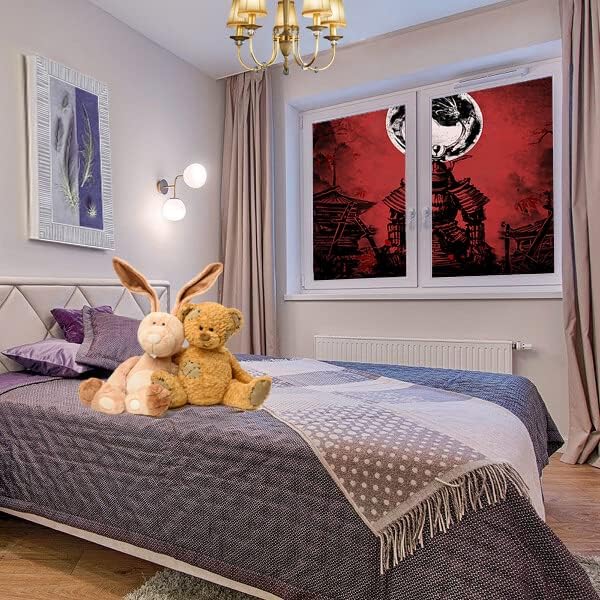 Japanese Samurai Window Film Abstract Vintage Samurai Blossom Dragon Full Moonstained Glass Window Film,Playroom Window Film,Nursery Window Film 23.6Wx47.2L-Inch X2Pcs