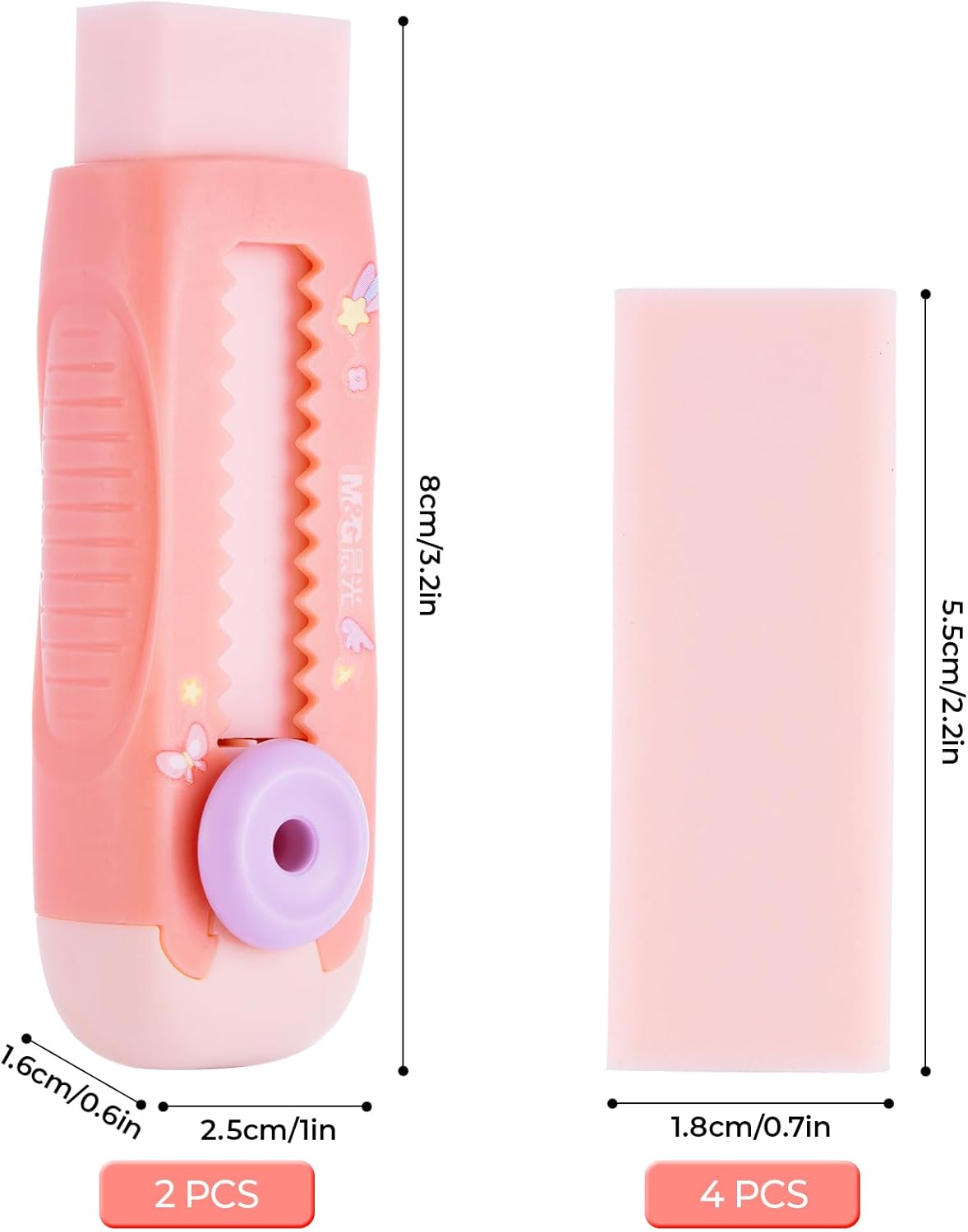 M&G 2+4 Pack Rubber Erasers Sliding Retractable Eraser, 2 Pack Cute Erasers Push Pull Large Pencil Eraser with Plastic Sleeve and 4 Refill Erasers for Students, School Office Supplies (Pink Unicorn)