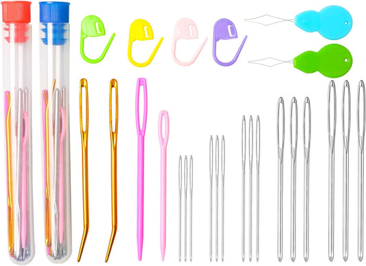 Hekisn 45Pcs Large Eye Blunt Yarn Needles kit, Assorted Sizes Bent Tapestry Darning Needle, Sewing Needles with Needle Threaders & Stitch Markers for Knitting Crochet (Blue&Red)