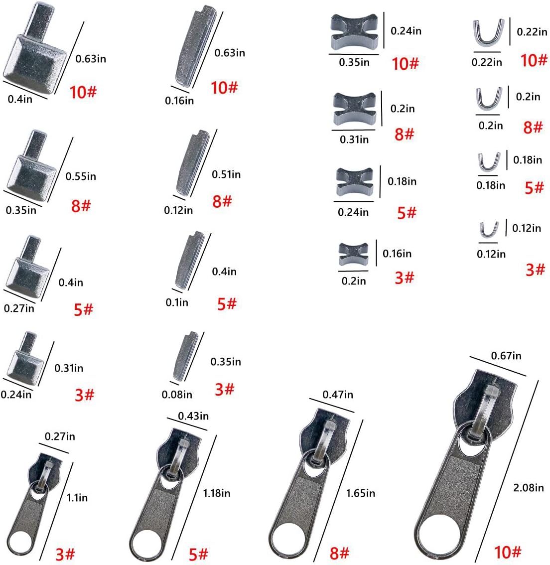 Platinum 48-Piece Metal Zipper Repair Accessories Set - DIY Sewing Kit with Zipper Head Slider, Retainer Box, Insert Pin, Top & Bottom Stoppers for 3# 5# 8# 10# Zippers