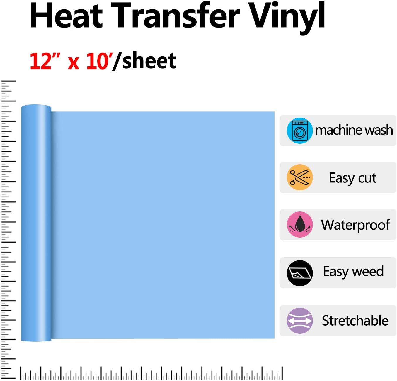 RENLITONG Sky Blue HTV Iron on Vinyl 12Inch by 10ft Roll Heat Transfer Vinyl for T-Shirt HTV Rolls for All Cutter Machine - Easy to Cut & Weed for Heat Transfer Design