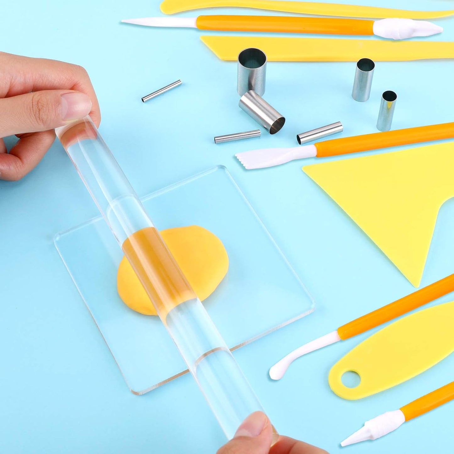 Honoson 24 Pcs Clay Sculpting Tools Kits Polymer Clay Tools DIY Set with Roller, Acrylic Sheet, Scraper Backing Board, Round Circle Shape Cutter, Shaping for Art Craft(Yellow)