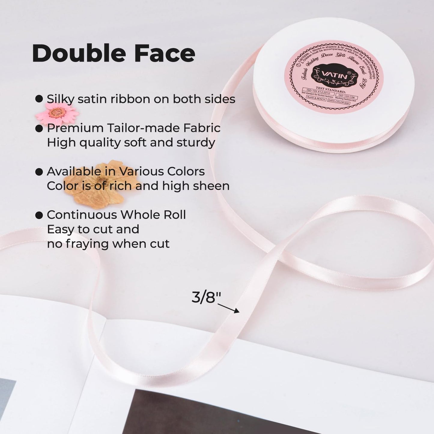 VATIN Double Face Sideshow Rose Satin Ribbon 3/8" Continuous 50 Yards,White Polyester Fabric Ribbon use for Bows Bouquet, Gift Wrapping, Floral Arrangement Wedding Decoration
