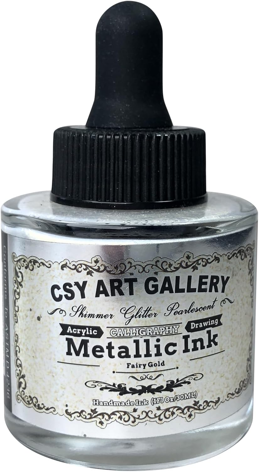 CSY Art Gallery Metallic Acrylic Paint Set-1-oz (30 ml) -Liquid Inks-Golden Permanent Calligraphy Ink for Artists,Canvas, Rocks,Wood, Fabric,Ceramic(Fairy Gold)