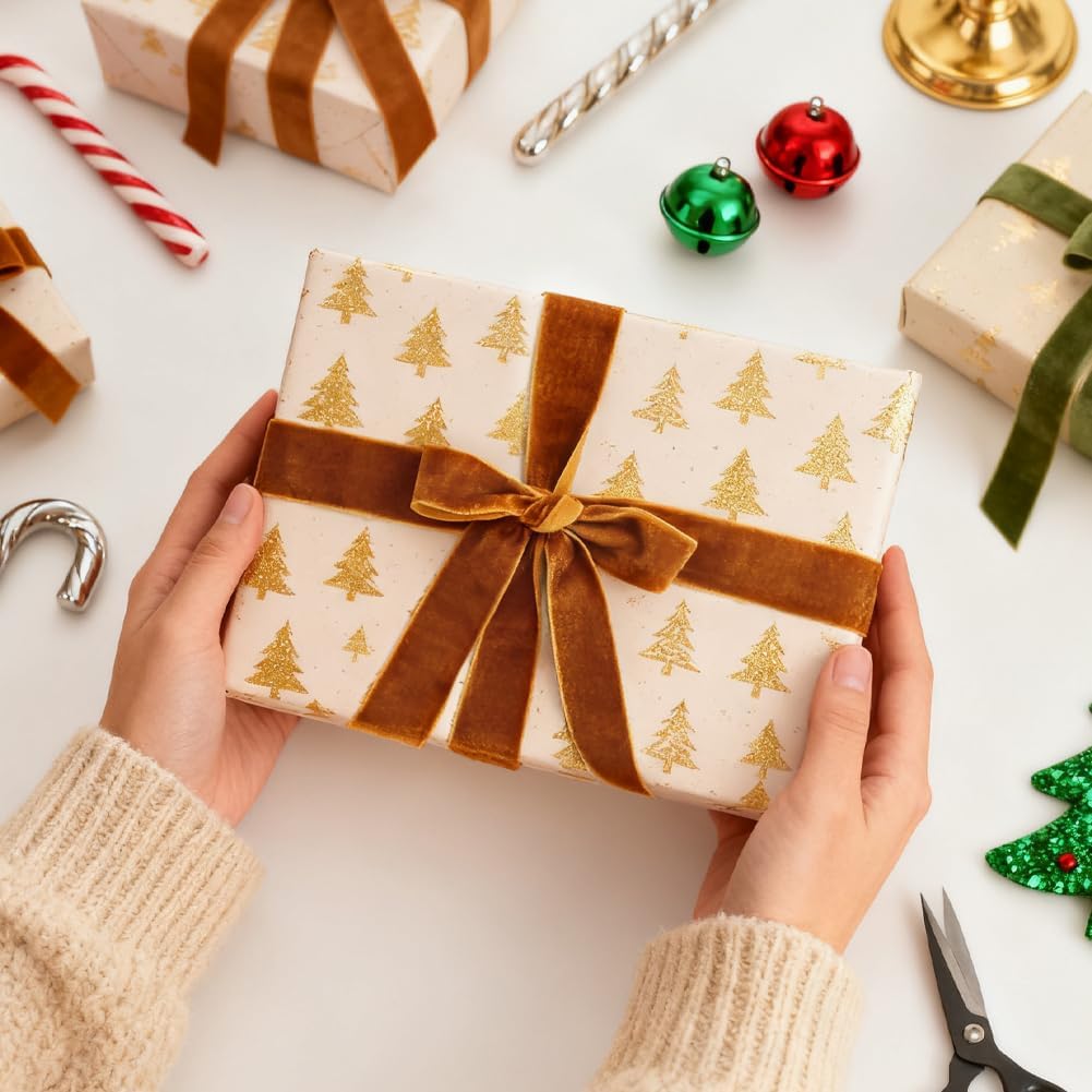 Khaki Velvet Ribbon, 1 Inch x 20 Yards Single Faced Khaki Ribbon for Gift Wrapping, Bow Making, Christmas Tree Decorations, Wreath Making and DIY Crafts (10 Yards Each Roll)