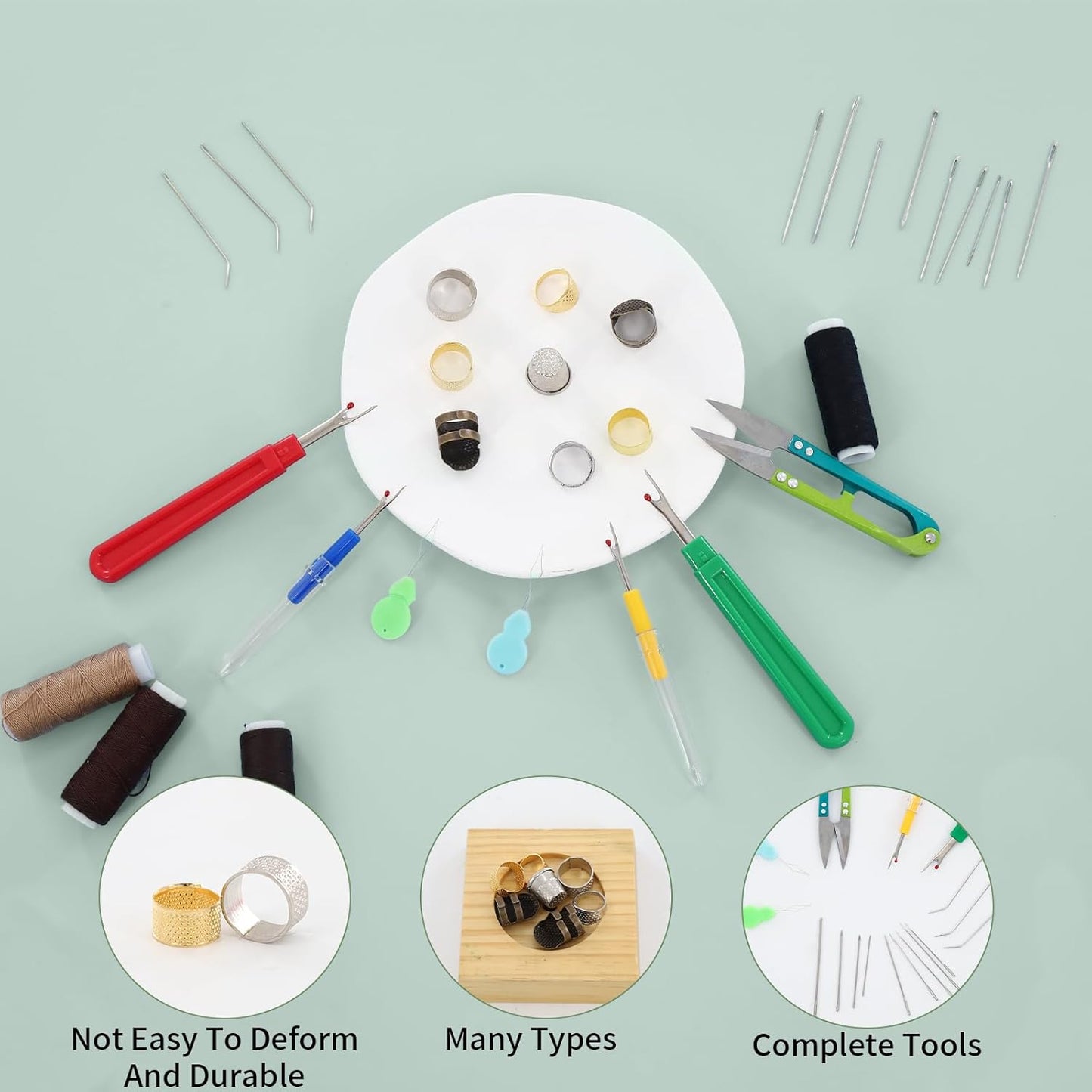 Thimbles for Hand Sewing, Cross Stitch Supplies, Embroidery Thimble, Sashiko Finger Protectors, Quilting Thumb Protector Pads, Includes Thimble, Seam Ripper, Thread and Thread Snips, Etc.