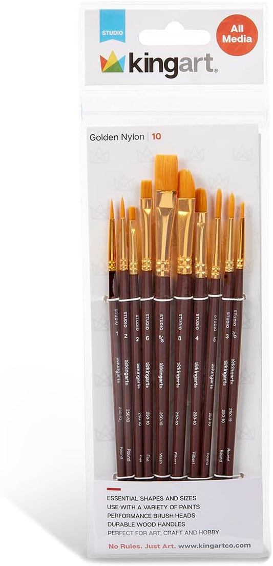 KINGART 10-Piece Paint Brushes, Acrylic Painting Brush Set, Watercolor Brushes, Acrylic Brushes for Oil Watercolor, Nail Miniature Detailing, and Rock Painting