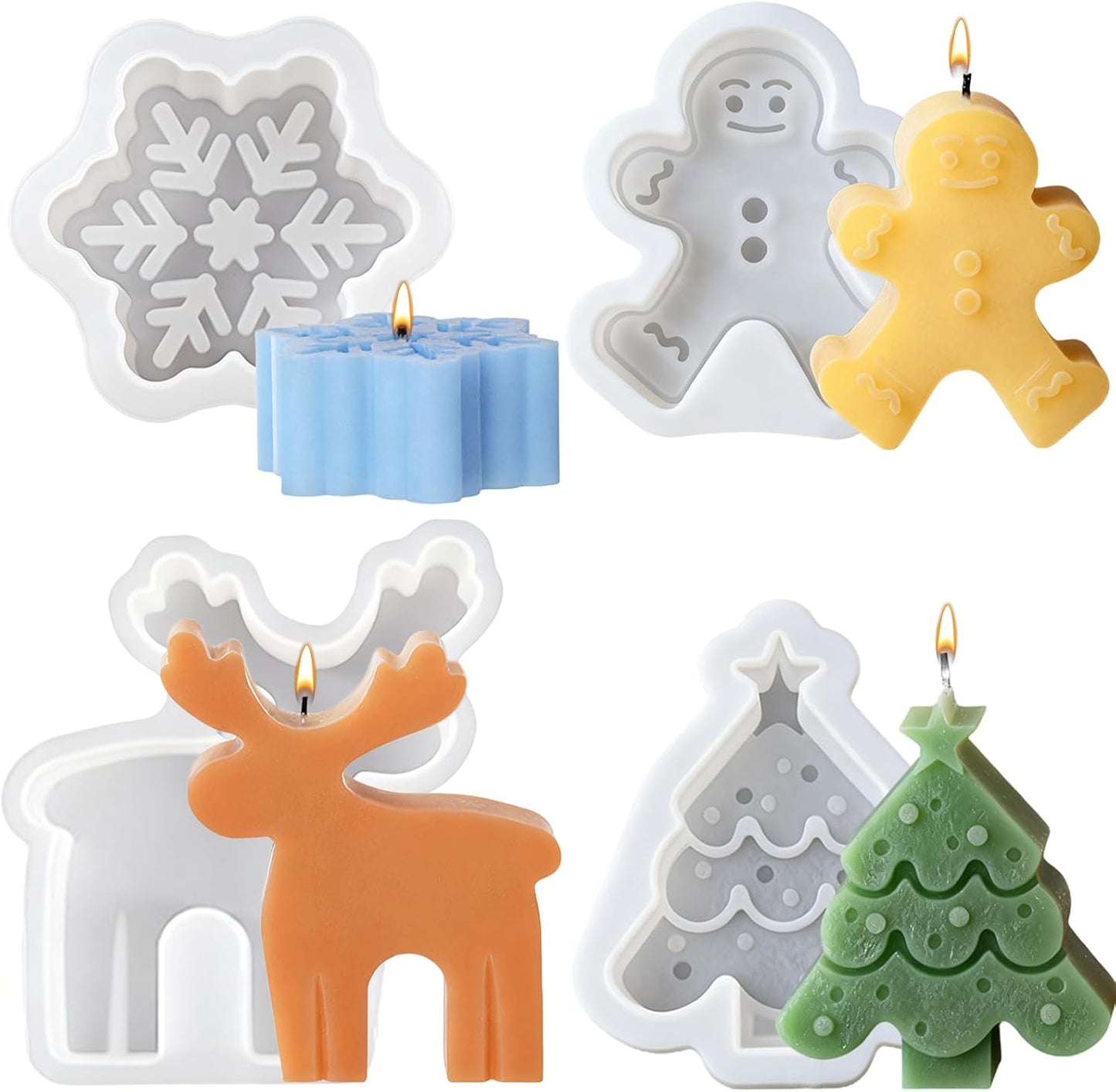 4 Pack Christmas Candle Molds, Moldes para Velas De Navidad Resin Christmas Silicone Molds for Candles, Wax Candle Making Molds for DIY Chocolate, Soap (Snowflake, Snowmen, Christmas Tree, Reindeer)