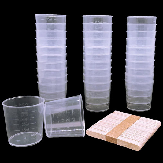 60 Pcs Plastic Graduated Cups, 30ml/1oz Clear Scale Cups with 50 Pcs Wooden Stirring Sticks for Epoxy, Resin, Stain, Mixing Paint