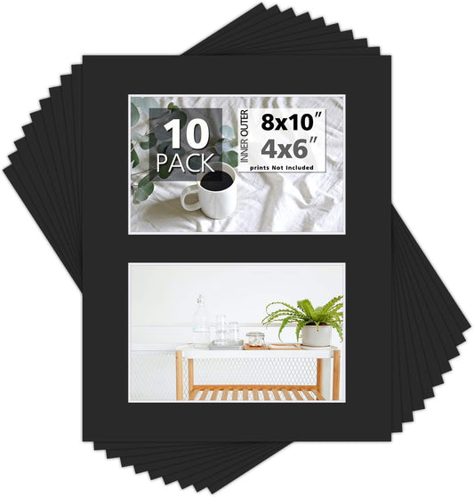 Mat Board Center, Pack of 10, Photo Picture Mats - Acid Free, 4-ply Thickness, White Core - for Pictures, Photos, Framing (8x10 for 2-4x6 Black)