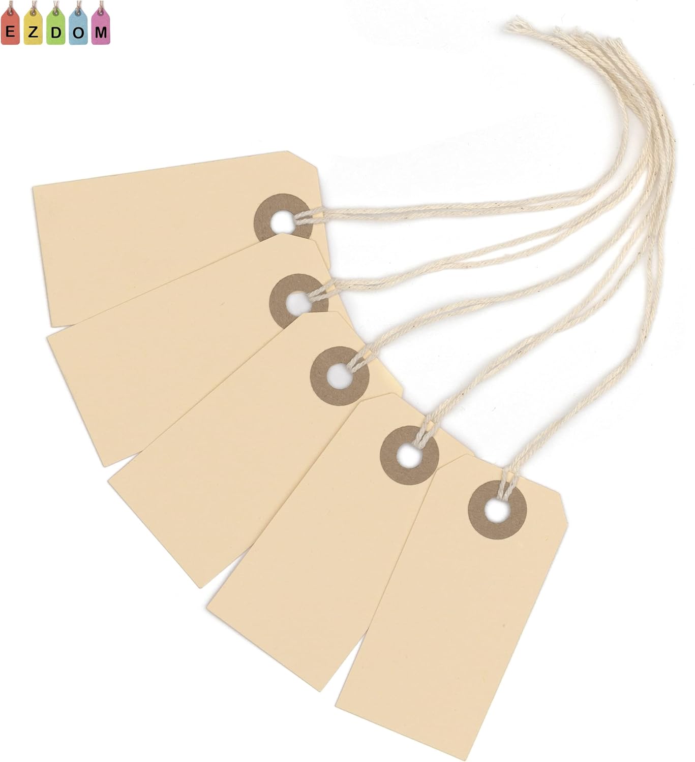 Manila Tags with String Attached - #1, 2 3/4” x 1 3/8” Box of 250 Small Blank 13pt Paper Tags with Hole and Strings Attached, Small Labels with Strings