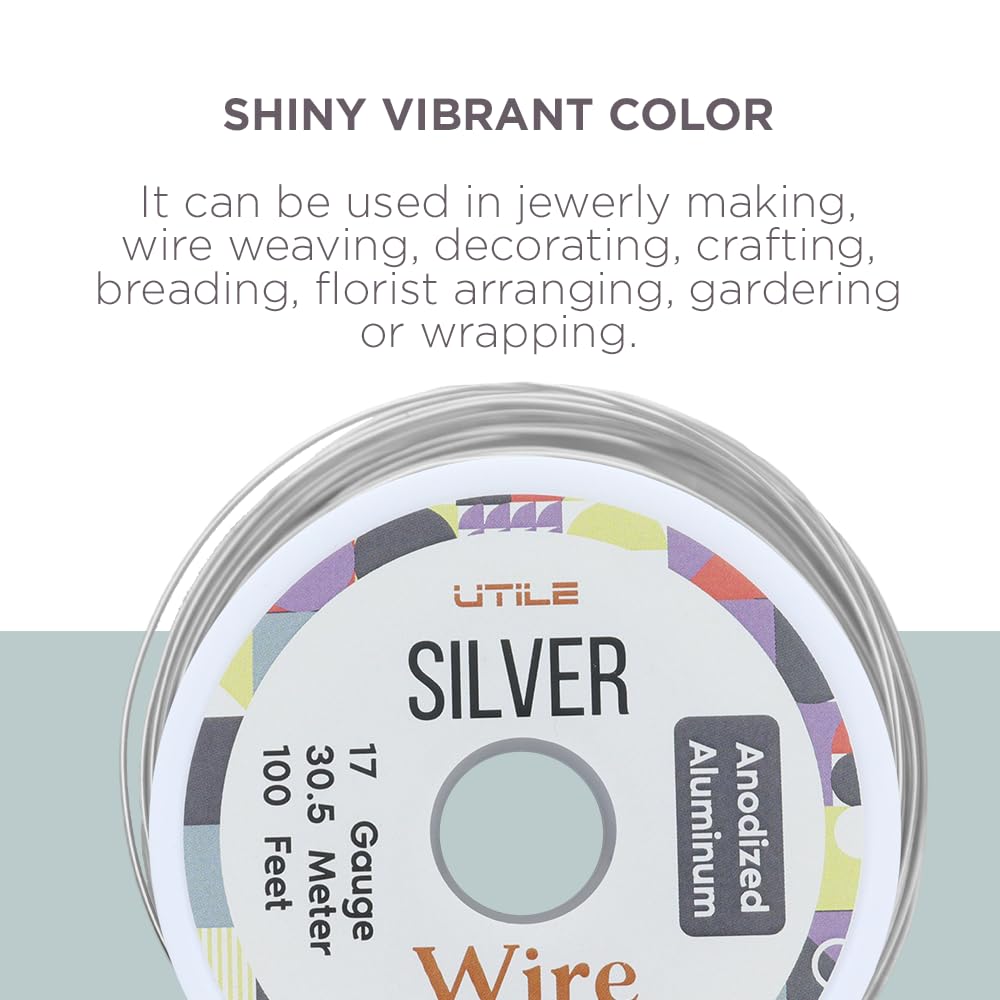 UTILE Armature Aluminum Wire 100 ft 17 Gauge 1.4 mm Anodized Craft Bendable Wire – Sculpting Metal Silver for Bonsai Trees, Clay, Crafts, Plants, Gardening, Beading and Jewelry Making (Silver)