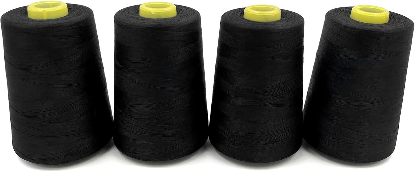 Tortoise 4 Cones of 3000 Yards Each Spool Thread for All Purpose Sewing, Serger, Overlock, Quilting, Machine - 100% Polyester - 20S/2 Black