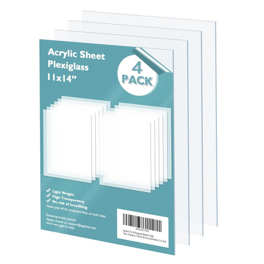 Egofine Plexiglass Sheets Acrylic Sheets 4 Pack of 11x14’’ 0.04 Thick Clear Plastic Cast Transparent Plexi Glass for Crafting Projects, Replacement Picture Frame Glass, DIY Display, Easy to Cut