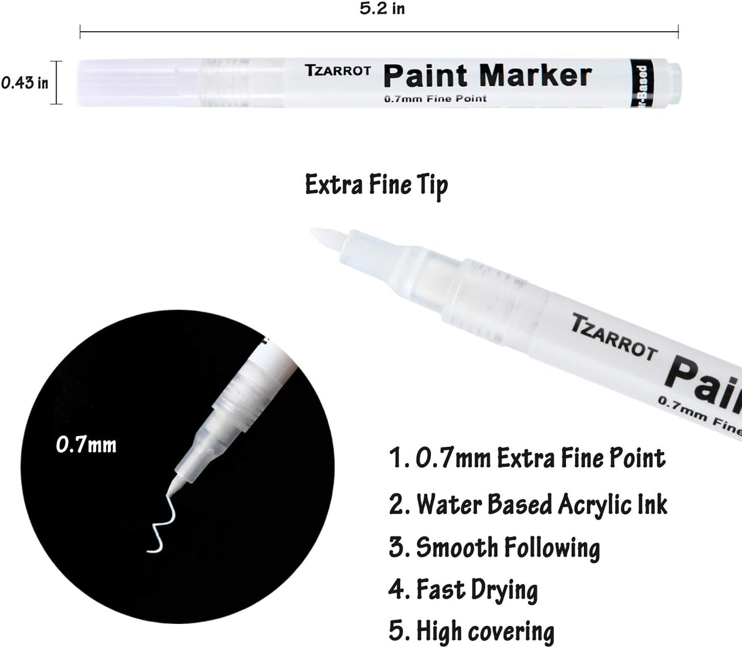 TZARROT White Paint Pen, 8 Pack 0.7mm Acrylic Paint Pens with 2 White 2 Black 2 Gold 2 Silver Permanent Marker for Wood Rock Fabric Metal Plastic Ceramic Acrylic Markers Extra Fine Tip