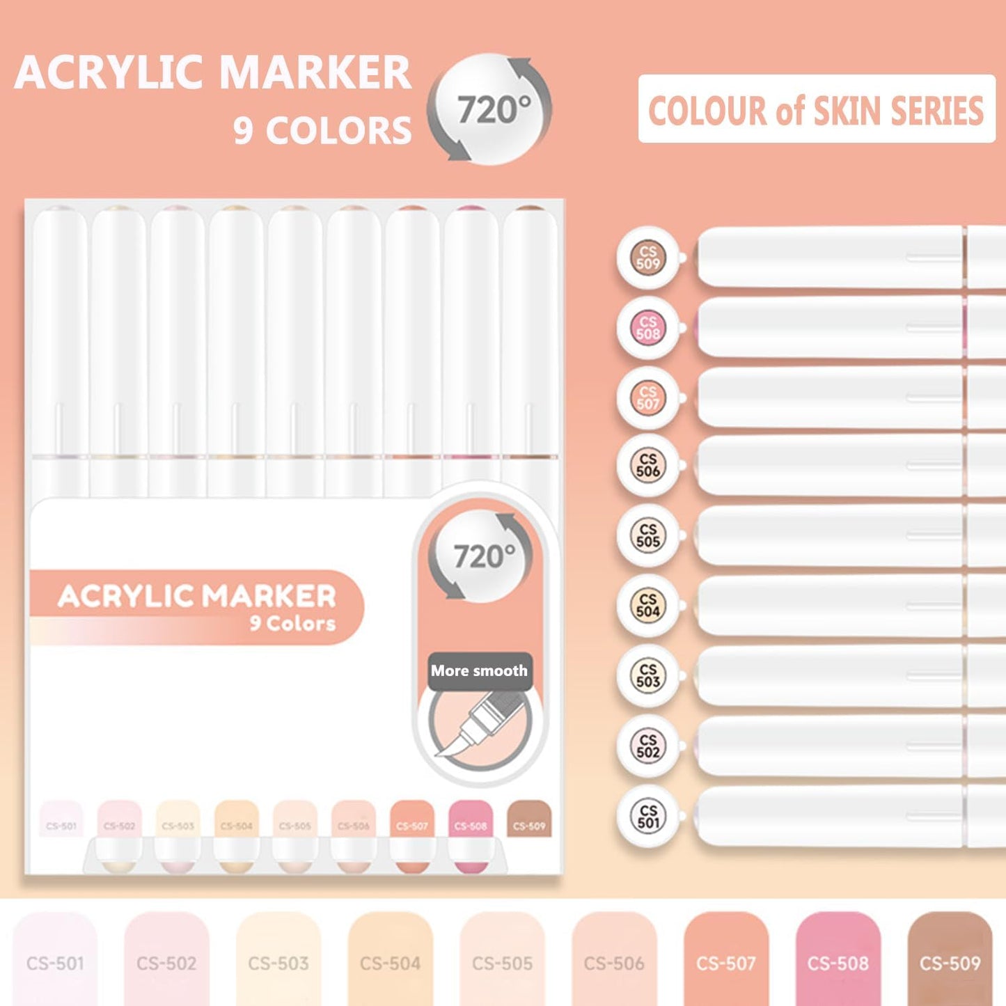 Water Based Acrylic Paint Markers, 9 Colors Acrylic Paint Pens Set with Soft Brush Tip, Marker Pen for Rock Painting, Egg, Wood, Glass, Paper, Mugs, Acrylic Painter Ink (Colour of Skin Series)