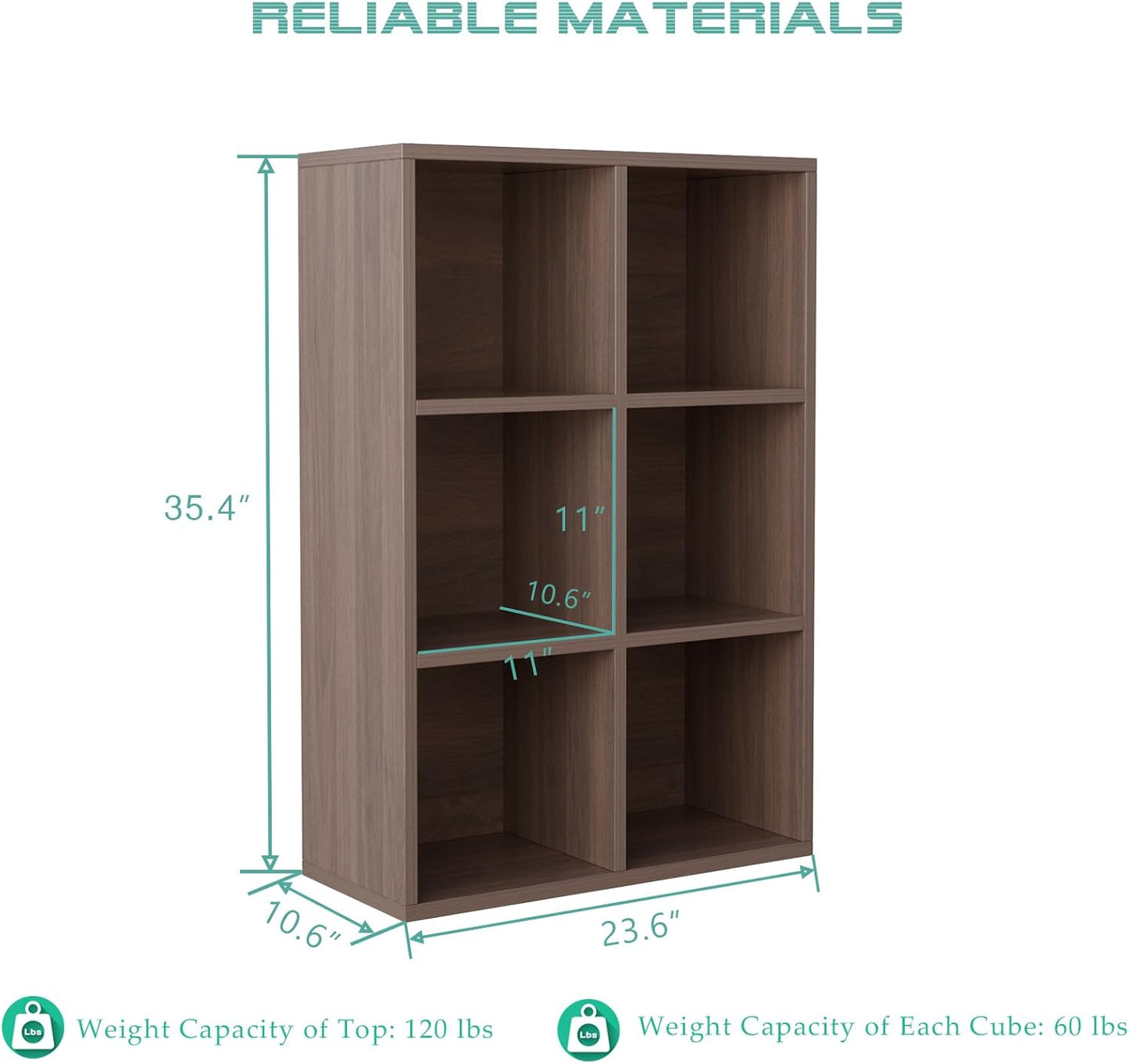 6-Cube Storage Shelf Bookcase - Wooden 3-Tier Floor Standing Open Bookshelf for Home and Office, Cuby Orgainzer, Walnut