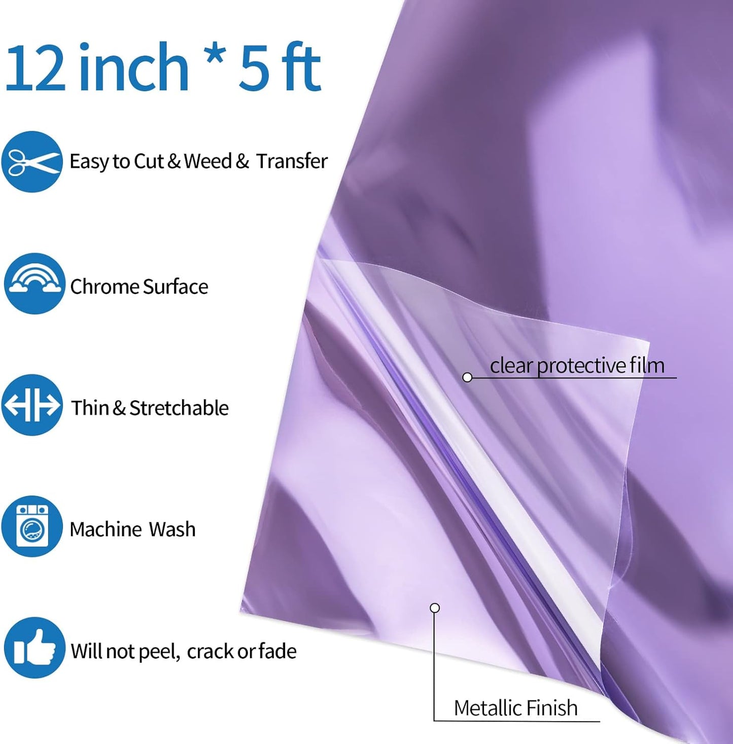 VINYL FROG Metallic Foil HTV Vinyl Roll 12" x5ft Light Purple Chrome Heat Transfer Vinyl Iron on Vinyl Easy to Cut & Weed DIY Heat Press Design for T-Shirts