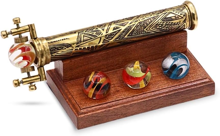 RII Brass Kaleidoscope | Vintage Antique Etched Brass Design | Interchangeable Marble Scope | Includes Wooden Display Stand | 8x3x3 Inches | Perfect for Collectors, Home Decor & Nautical Gift