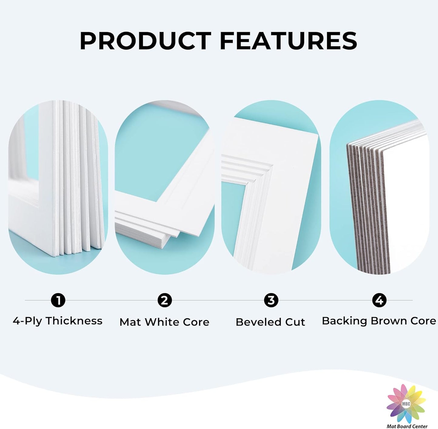 Mat Board Center, Pack of 50, 11x14 for 8x10 White Picture Mat Sets - Acid Free, 4-ply Thickness, Bevel Pre-Cut White Core - Includes Backing Boards and Clear Bags - for Pictures, Photos, Framing