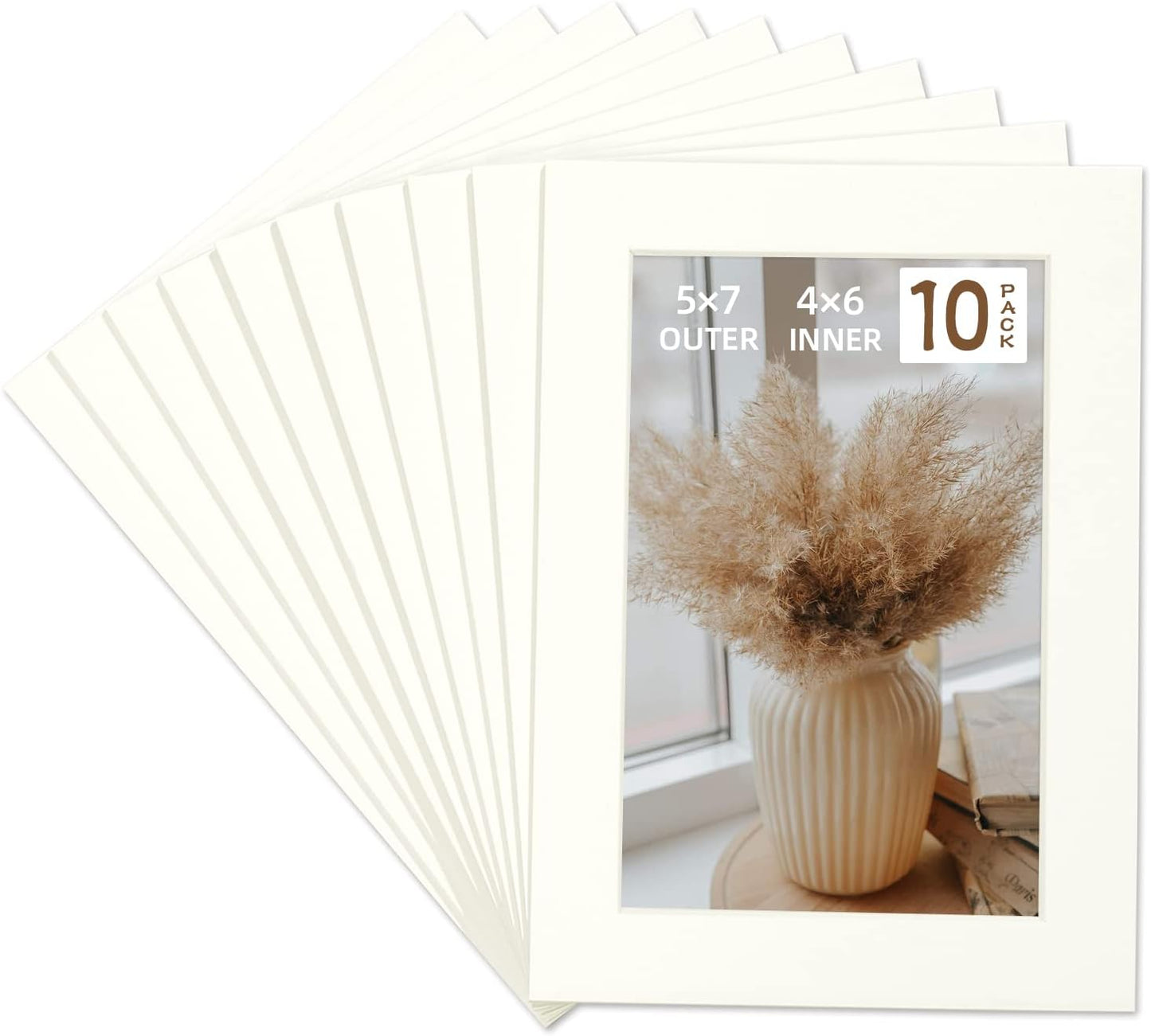HOTUO 10 Pack 5x7 Ivory Picture Mats, 4 Ply Thickness Frame Mattes for 4x6 Photo, Photo Mat with Core Bevel Cut, for Frames/Artwork/Print/Pictur