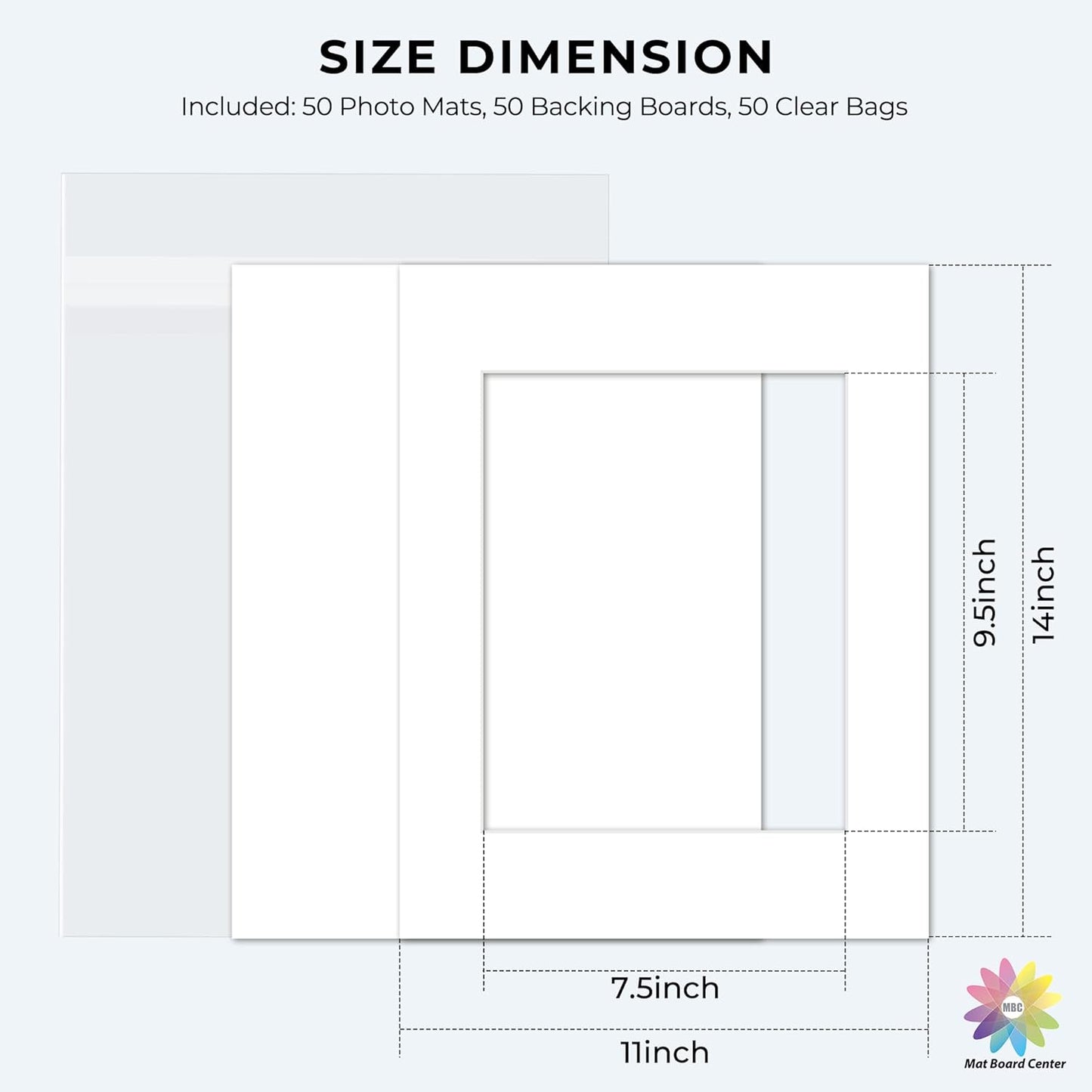 Mat Board Center, Pack of 50, 11x14 for 8x10 White Picture Mat Sets - Acid Free, 4-ply Thickness, Bevel Pre-Cut White Core - Includes Backing Boards and Clear Bags - for Pictures, Photos, Framing