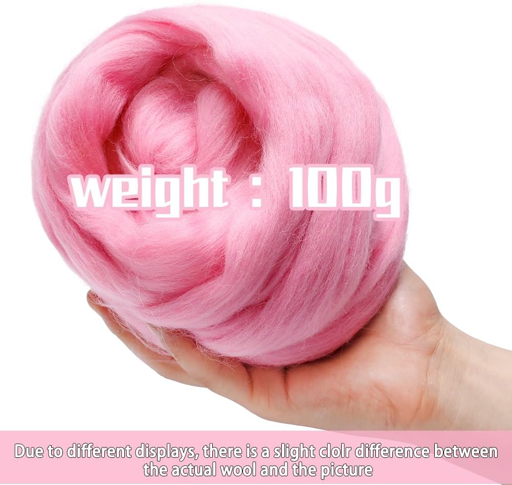 3.53oz Wool Roving Yarn, Wool Felting Supplies, Pure Wool, Chunky Yarn, Spinning Wool Roving for Needle Felting Wet Felting DIY Hand Spinning (Pink)