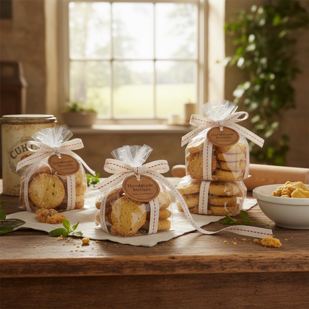 CT CRAFT LLC Ivory Cotton Red Stitched Ribbon 3/8" x 10 Yards for Home Décor Gift Present Wrapping DIY Crafts Birthday Wedding Bouquet Christmas