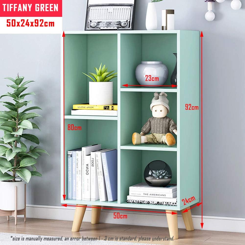 IOTXY Wooden Open Shelf Bookcase - 3-Tier Floorstanding Display Cabinet Rack with Legs, 5 Cubes Free Standing Bookshelf, Tiffany-Green