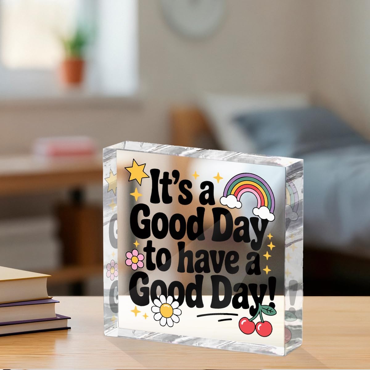 Positive Desk Decor Acrylic Sign 4X4 Inch, Rainbow Cherry Flower Desk Decorative Signs for Shelf Tabletop Cubicle Room Office, Inspirational Gifts for Women Men Friends, Have a Good Day