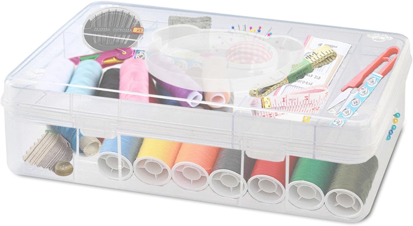 Mowhut Sewing Box for Sewing Supplies,Embroidery Floss Organizer,Plastic Tool Box with Handle,Stackable Thread Ribbon Storage,2 Layers Sewing Kit,Clear