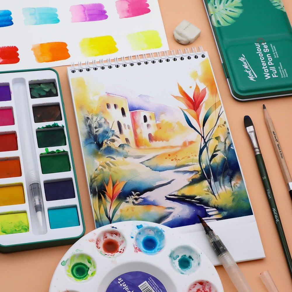 Mont Marte Watercolor Set Full Pan Signature 13pc in Tin, Vibrant, Multi-Color with Translucent Finish, Portable Watercolor Set