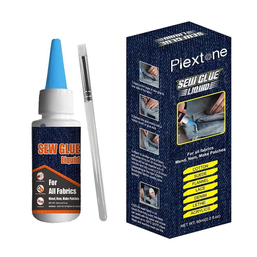 1 Min Quick Bonding Fast Dry Sew Glue Liquid Reinforcing Adhesive Speedy Fix for All Fabrics Clothing Cotton Flannel Denim Leather Polyester Doll Repair (60ml)