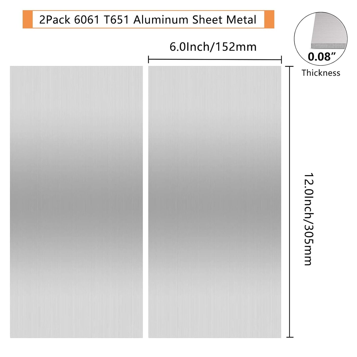 2Pack 6061 T651 Aluminum Sheet Metal 6 x 12 x 5/64(0.08”) Inch Flat Plain Aluminum Plate Covered with Protective Film, Heat Treatable Rectangle 2mm Aluminum Metal Plate for Industrial, Crafting