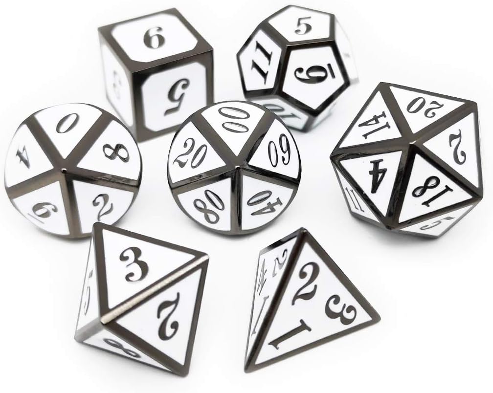 Haxtec 7 Die DND Metal Dice Set D&D 7PCS DND Dice of D20 D12 D10 D8 D6 D4 Compatible with Dungeons and Dragons RPG Games-Glossy Enamel Dice (Black White)