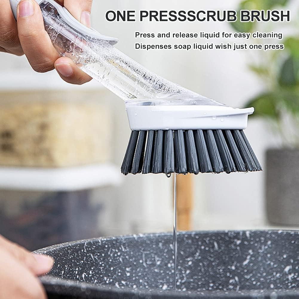 Soap Dispensing Dish Brush with 4 Replaceable Heads, Updated No Leaking Soap Dish Scrubber Soap Dispenser, Kitchen Dish Brush with Soap Dispenser for Pot Pan Sink Cleaning(Light Gray)