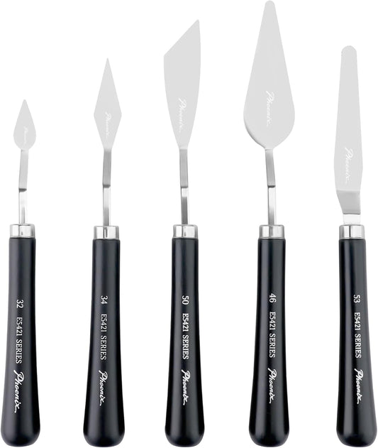 PHOENIX High Flexible Palette Knife Set, 5 Pieces Stainless Steel Painting Knives (32,34,50,46,53) Art Knife with Wood Handle, Paint Spatula for Oil Acrylic Paint