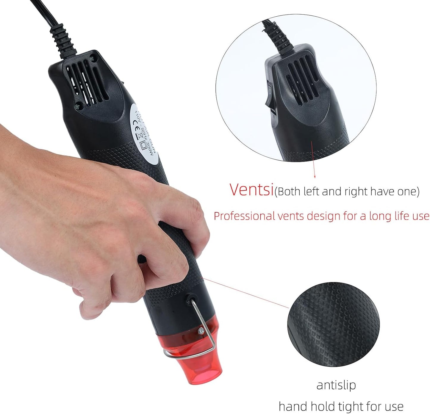 Heat Gun for Crafting, 110V 300W Handed Hot Air Gun, 3.28FT Ultra-Long Cable Portable Heat Gun with Stand and Power Cord for Shrinking Wrapping PVC, DIY Embossing and Drying Paint (Black)
