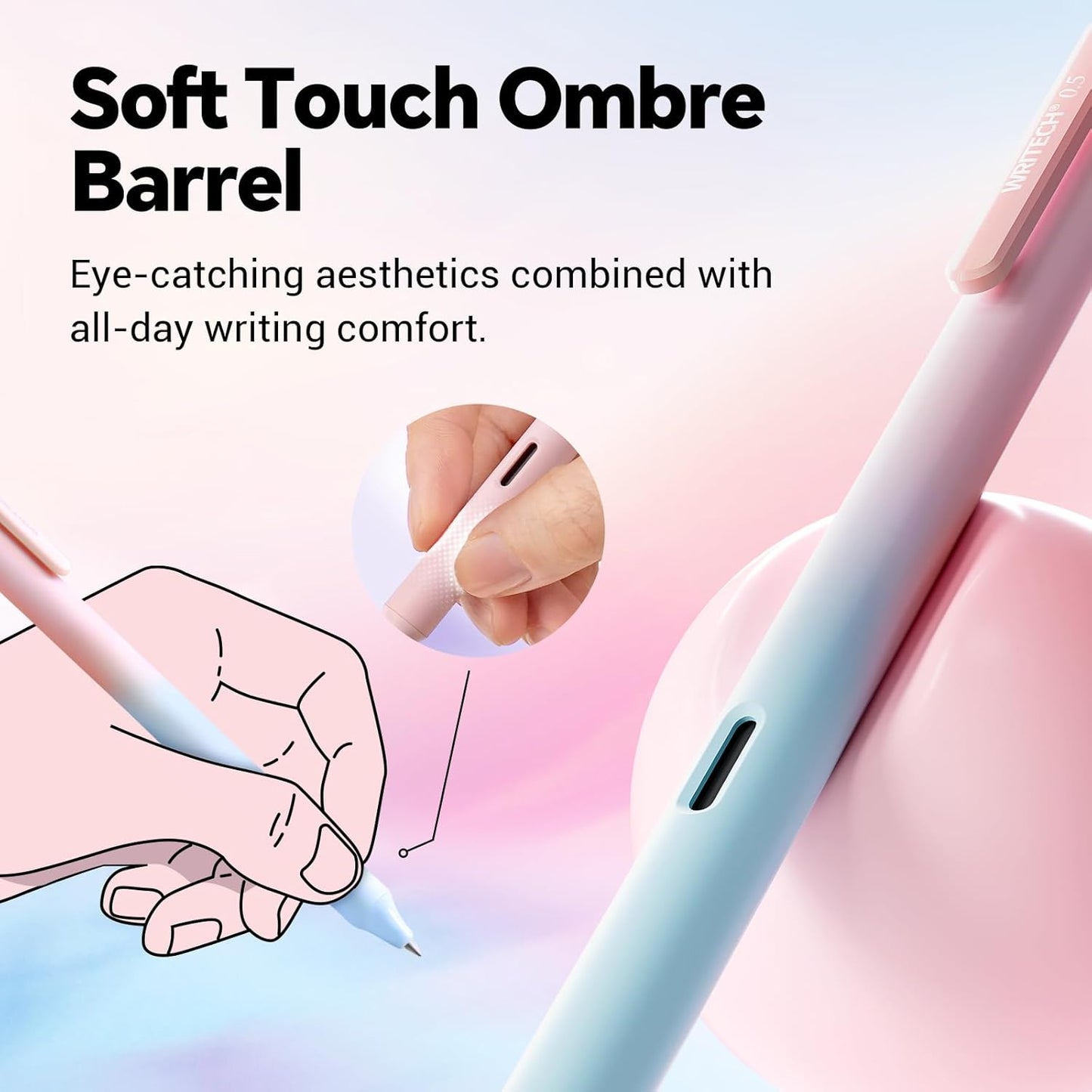 Writech Retractable Gel Ink Pens: 8ct Black Ink 0.5mm Fine Point Tip Pen Comfort Grip Smooth Writing with Aesthetic Gradient Color Barrel for Journaling Note Taking Sketching No Bleed & Smear